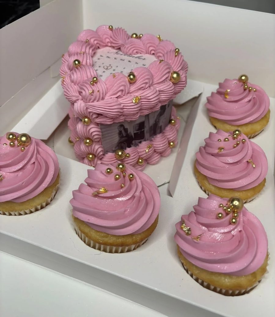 Five pink cupcakes with gold pearls and a 4 inch heart mini cake in a white box